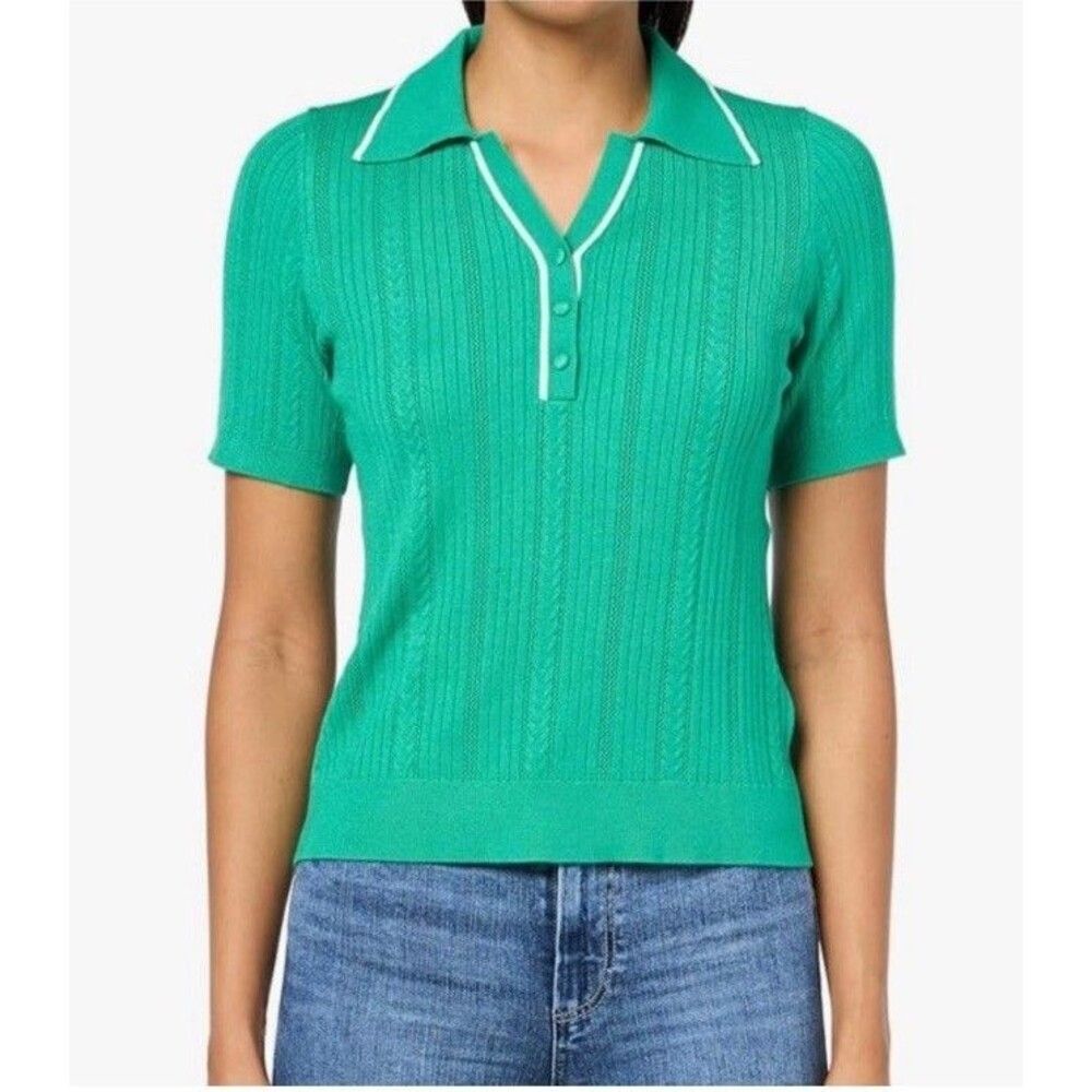 Adrianna Papell Womens Open V-Neck Polo Mix Rib Cable Sweater Green NWT